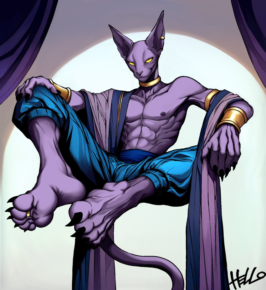 2024 5_toes abs anthro barefoot beerus bracelet claws deity digit_ring domestic_cat dragon_ball dragon_ball_super feet felid feline felis fur hairless hairless_cat hell_oart hi_res humanoid_feet jewelry male mammal pecs plantigrade purple_body purple_fur ring solo sphynx_(cat) toe_claws toe_ring toes