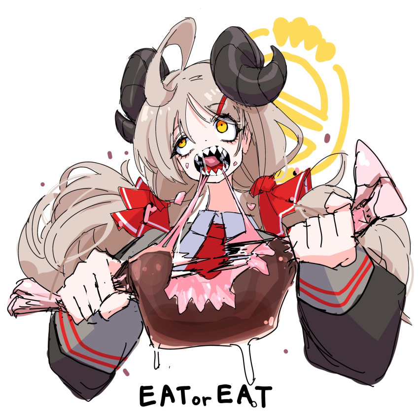 1girl ahoge blue_archive character_request collared_shirt curled_horns dr_yamero eating english_text food grey_shirt hair_ornament hair_ribbon hairclip halo highres holding holding_food horns huge_ahoge light_brown_hair meat necktie open_mouth orange_eyes red_necktie red_ribbon ribbon sharp_teeth shirt solo teeth twintails white_background yellow_eyes yellow_halo