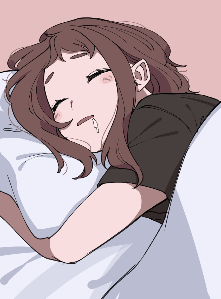 1girl absurdres bed black_shirt blush boku_no_hero_academia brown_hair closed_eyes drooling highres hugging_object lying pillow pillow_hug saliva shirt short_sleeves simple_background sleeping solo tongu_11 under_covers upper_body uraraka_ochako