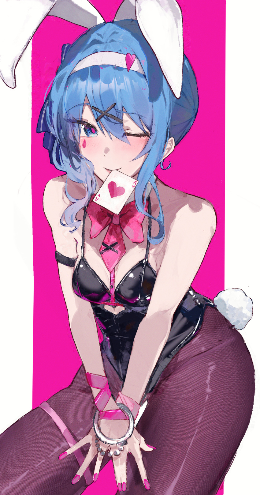 1girl absurdres animal_ears arm_strap bare_shoulders black_thighhighs blue_eyes blue_hair bow bowtie hair_ornament hands_on_own_thighs headband heart_card highres hololive hoshimachi_suisei leotard one_eye_closed playboy_bunny rabbit_ears rabbit_hole_(vocaloid) rabbit_tail red_bow red_nails red_ribbon ribbon short_hair solo tail thighhighs virgo76612871 virtual_youtuber white_headband wristband x_hair_ornament