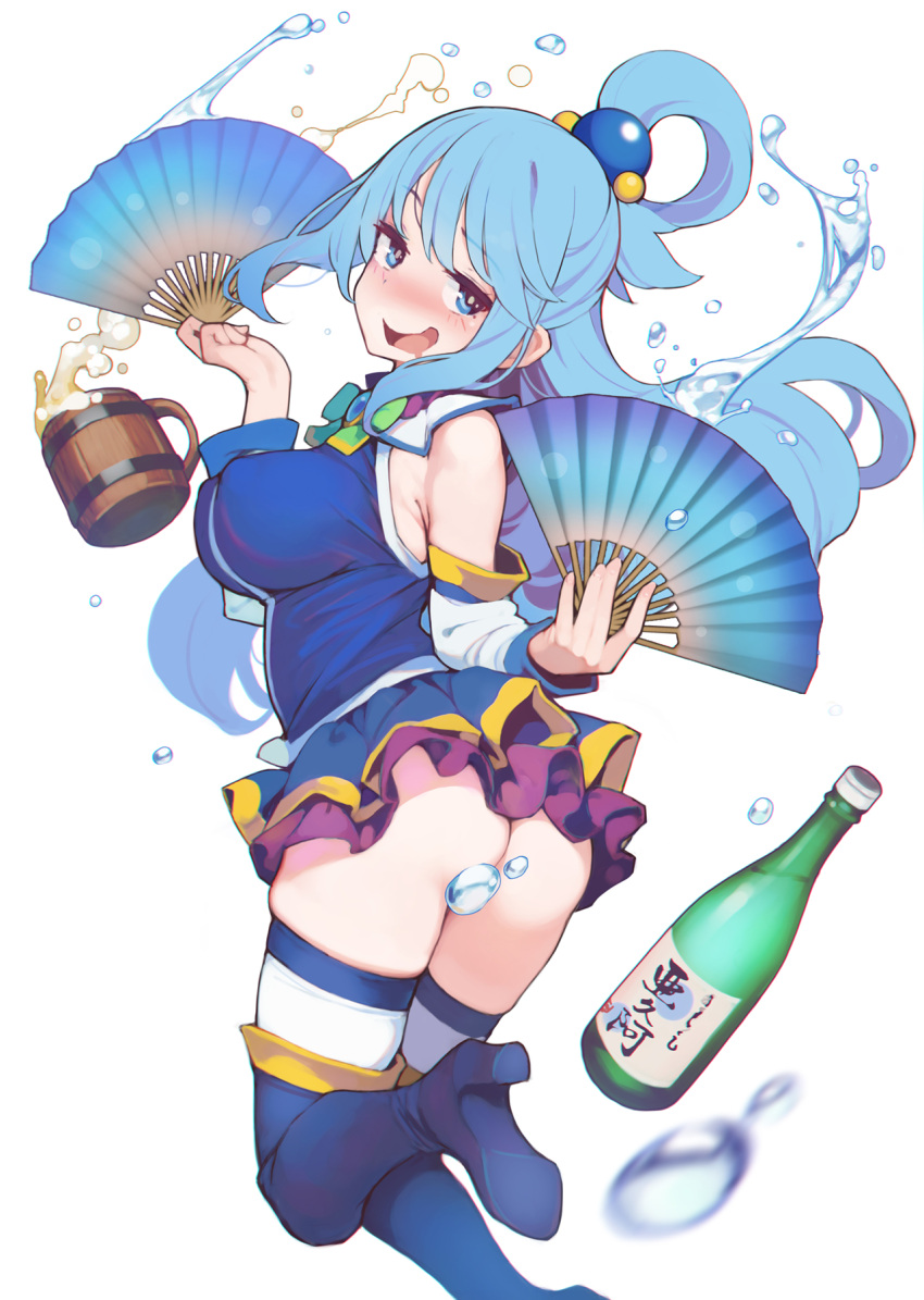 1girl alcohol aqua_(konosuba) ass ataruman bare_shoulders beer beer_bottle blue_eyes blue_footwear blue_hair blush boots bow bowtie breasts convenient_censoring cup detached_sleeves from_behind green_bow green_bowtie hair_between_eyes hair_rings highres kono_subarashii_sekai_ni_shukufuku_wo! large_breasts long_hair looking_at_viewer open_mouth simple_background skirt smile solo thigh_boots thighhighs very_long_hair water_censor water_drop white_background white_thighhighs wooden_cup