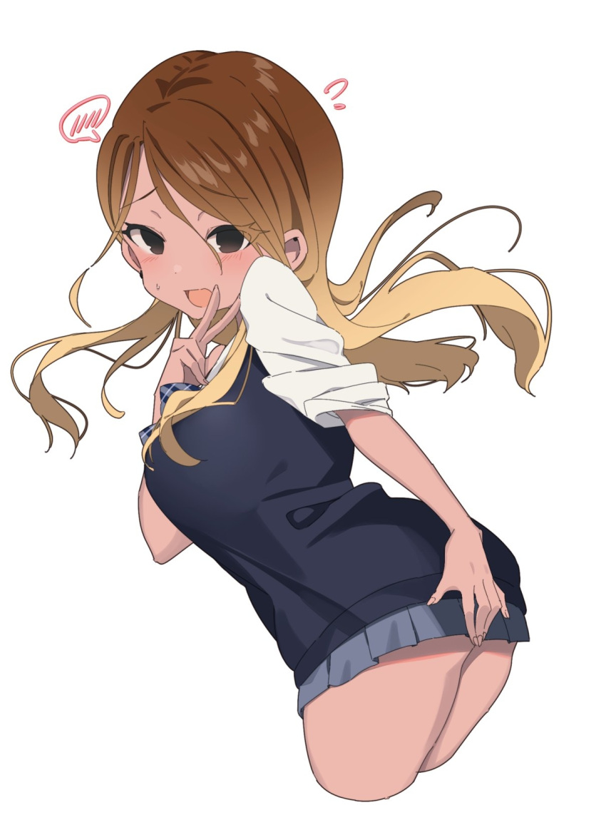 1girl ass blonde_hair breasts brown_hair commentary_request cropped_jacket dark-skinned_female dark_skin flying_sweatdrops gradient_hair highres hiiragi_ken idolmaster idolmaster_shiny_colors izumi_mei large_breasts looking_at_viewer looking_to_the_side miniskirt multicolored_hair pleated_skirt school_uniform shirt short_sleeves simple_background skirt solo spoken_blush white_background white_shirt