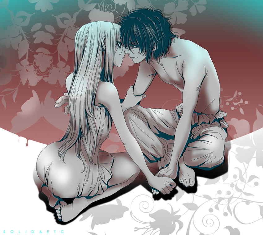 1boy 1girl alucard_(hellsing) ass barefoot collarbone commentary_request dress floral_background hand_grab hellsing hetero imminent_kiss indian_style integra_hellsing limited_palette long_hair looking_at_viewer sitting skinny strapless strapless_dress topless_male toshimichi_yukari tube_dress wariza