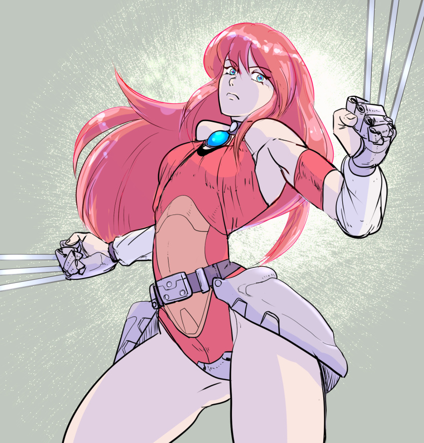 1girl android bb9_m belt blade blue_eyes bodysuit choker claws commentary_request cyborg expressionless gem highres hip_armor long_hair looking_at_viewer mieu_(phantasy_star) phantasy_star phantasy_star_iii red_hair robot science_fiction serious solo toned upper_body