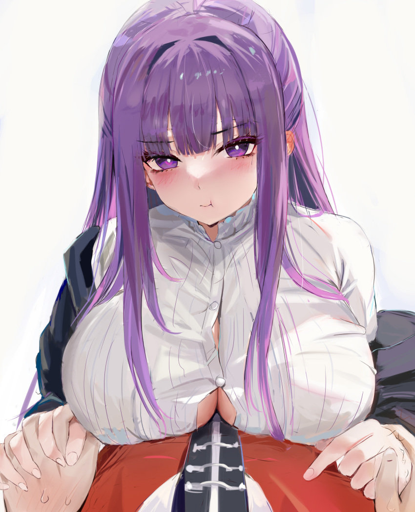 1boy 1girl :t absurdres black_bra black_robe blush bra breasts bright_pupils bursting_breasts cleavage closed_mouth dress fern_(sousou_no_frieren) finger_to_another's_chest hetero highres holding_hands interlocked_fingers large_breasts looking_at_viewer lshiki pout pov pov_hands purple_eyes purple_hair revision robe sidelocks sousou_no_frieren stark_(sousou_no_frieren) sweatdrop underwear white_dress white_pupils