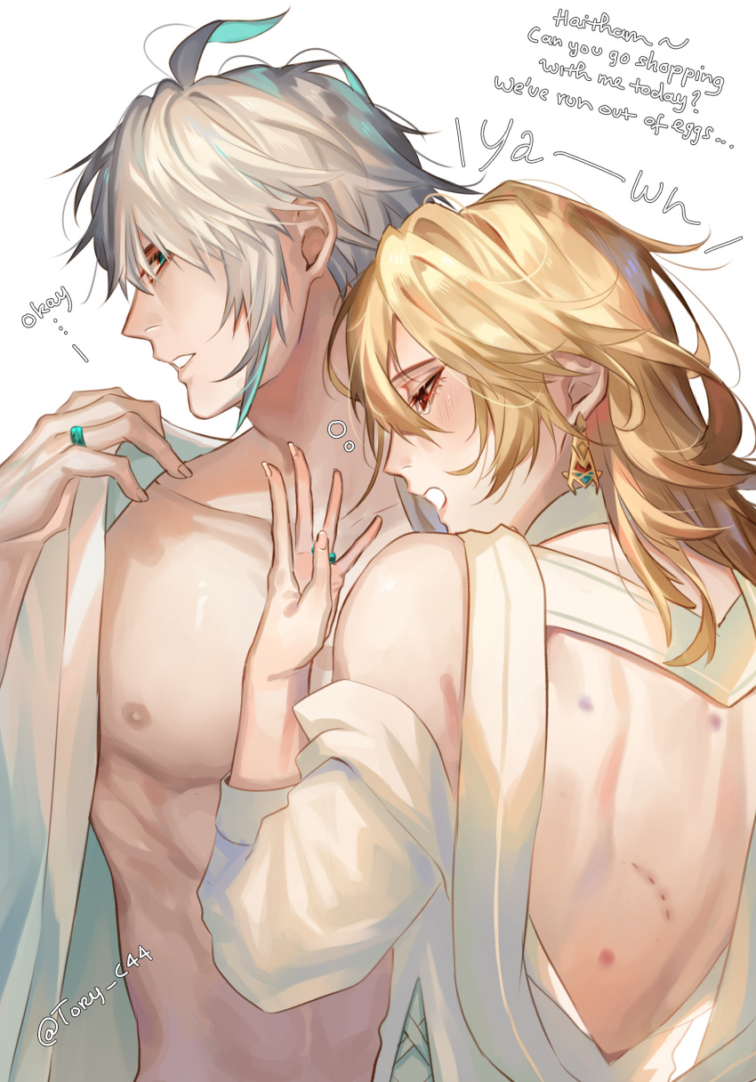 2boys absurdres ahoge alhaitham_(genshin_impact) aqua_eyes aqua_hair artist_name back bare_back bite_mark blonde_hair blush collarbone collared_shirt earrings english_commentary english_text fingernails genshin_impact grey_hair hair_between_eyes hand_up hickey highres implied_after_sex jewelry kaveh_(genshin_impact) large_pectorals long_fingernails long_sleeves looking_at_another looking_down male_focus medium_hair multicolored_hair multiple_boys muscular muscular_male nipples open_clothes open_mouth open_shirt pectorals red_eyes ring shirt short_hair simple_background standing tory_c44 two-tone_hair white_background white_shirt yaoi