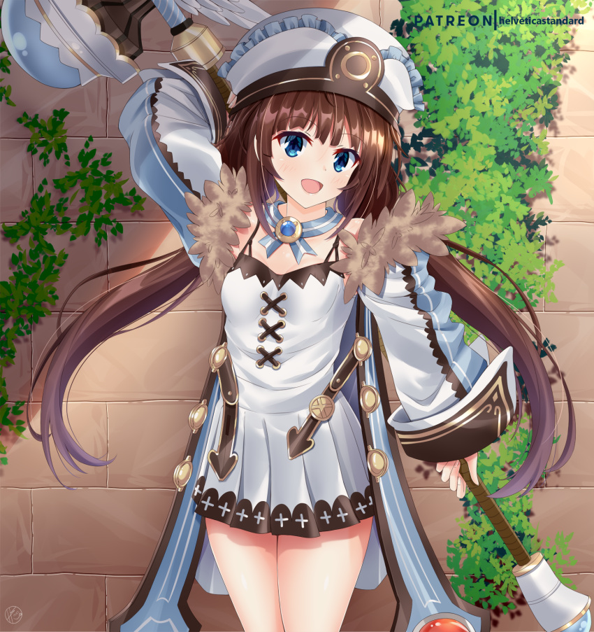 1girl :d arm_up artist_name blanc blanc_(cosplay) blue_eyes breasts brick_wall brown_hair cosplay detached_sleeves dress eyebrows_visible_through_hair hat helvetica_std highres hinatsuru_ai long_hair long_sleeves looking_at_viewer low_twintails neptune_(series) open_mouth outdoors pleated_dress ryuuou_no_oshigoto! sleeveless sleeveless_dress small_breasts smile standing twintails very_long_hair watermark white_dress white_headwear wide_sleeves