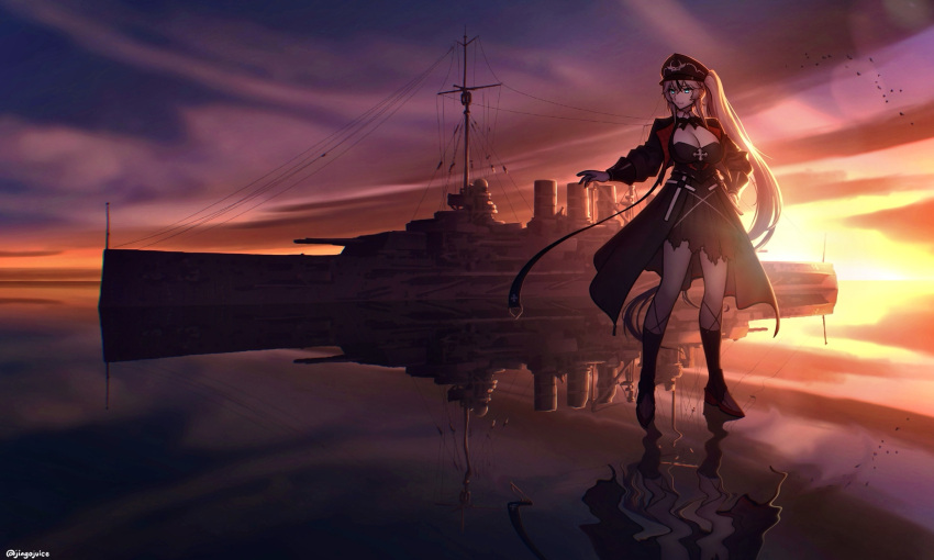 1girl artist_name azur_lane black_coat black_dress black_footwear black_headwear blonde_hair blue_eyes boots breasts cleavage coat dress hand_on_own_hip highres jingojuice large_breasts long_hair long_sleeves military_uniform multicolored_hair name_connection open_clothes open_coat reflection reflective_water sms_thueringen solo standing standing_on_liquid streaked_hair sunset thueringen_(azur_lane) torn_clothes torn_dress uniform vehicle_and_personification very_long_hair white_hair
