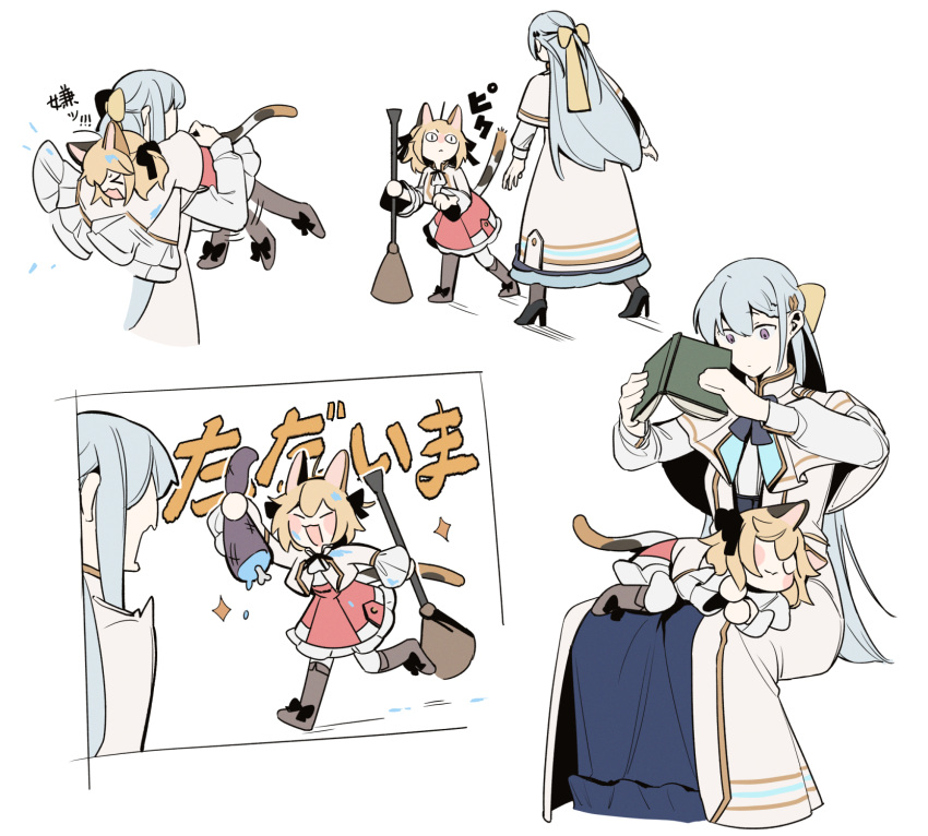 &lt;|&gt;_&lt;|&gt; 2girls animal_ears anisphia_wynn_palettia black_ribbon blonde_hair blue_bow blue_bowtie blue_hair blue_skirt boned_meat book boots bow bowtie broom brown_footwear calico carrying carrying_over_shoulder carrying_person cat_ears cat_girl cat_tail closed_mouth coat commentary_request euphyllia_magenta food hair_ribbon highres holding holding_book holding_broom jacket kemonomimi_mode lelioz long_hair long_sleeves meat medium_hair multiple_girls open_mouth pink_skirt purple_eyes ribbon sitting sitting_on_lap sitting_on_person size_difference skirt sleeping smile sparkle tail tensei_oujo_to_tensai_reijou_no_mahou_kakumei translation_request white_coat white_jacket yellow_ribbon