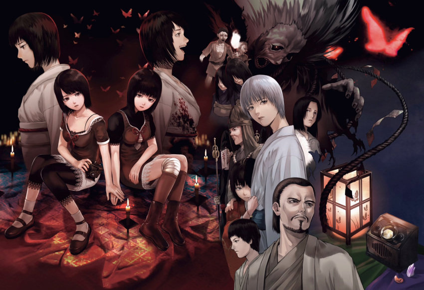 amakura_mayu amakura_mio bandages black_hair breasts brown_eyes brown_hair bug butterfly camera character_request closed_mouth dress everyone facial_hair fatal_frame fatal_frame_2 gauss_&lt;bokashi ghost highres japanese_clothes kimono kurosawa_sae kurosawa_yae long_hair multiple_boys multiple_girls mustache open_mouth red_butterfly short_hair siblings sisters skirt smile tachibana_chitose tachibana_itsuki tachibana_mutsuki twins