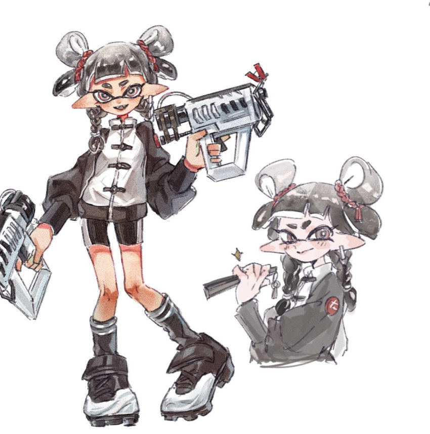 1girl bike_shorts black_eyes black_footwear black_hair black_shorts black_socks black_tongue braid bright_pupils double_bun double_horizontal_stripe earrings fangs full_body glooga_dualies_(splatoon) hair_bun inkling inkling_girl inkling_player_character jewelry legs_apart long_hair long_sleeves open_mouth pointy_ears red_eyes shoes shorts simple_background single_earring smile socks solo splatoon_(series) standing tentacle_hair thenintlichen96 twin_braids two-tone_eyes two-tone_footwear white_background white_footwear white_pupils