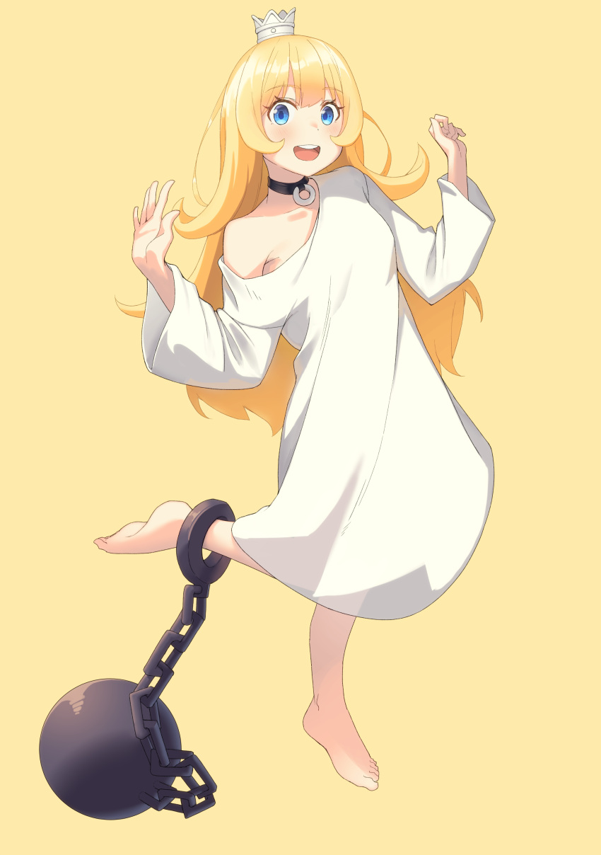 1girl absurdres ankle_cuffs ball_and_chain_restraint barefoot blonde_hair blue_eyes breasts collar crown eyebrows_hidden_by_hair full_body hair_between_eyes highres hime-sama_"goumon"_no_jikan_desu hime_(hime-sama_"goumon"_no_jikan_desu) light_blush long_hair looking_at_viewer mini_crown rags sansu simple_background small_breasts smile solo standing standing_on_one_leg teeth tiptoes toes upper_teeth_only yellow_background