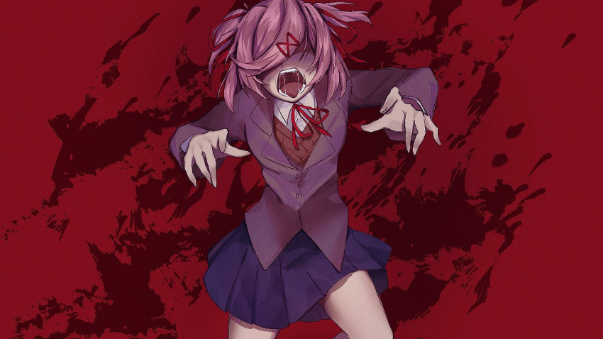 1girl blazer blood blood_splatter bob_cut bow bowtie breasts brown_jacket brown_sweater_vest collared_shirt commentary_request commission cowboy_shot doki_doki_literature_club dress_shirt film_grain floating_hair hair_ornament hair_over_eyes hair_ribbon himalay39535136 horror_(theme) incoming_attack jacket korean_commentary natsuki_(doki_doki_literature_club) neck_ribbon open_mouth pink_hair pleated_skirt purple_skirt reaching reaching_towards_viewer red_background red_bow red_bowtie red_ribbon ribbon saliva saliva_trail school_uniform second-party_source shaded_face shirt short_hair skirt small_breasts solo sweater_vest swept_bangs two_side_up walking white_shirt x_hair_ornament