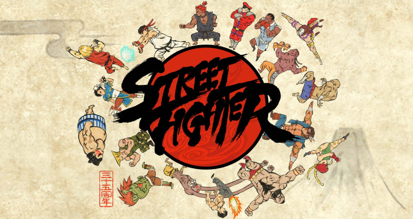 akuma_(street_fighter) dee_jay dhalsim fei_long fire hadouken headbutt highres jumping ken_masters kicking mountain nihonga parchment punching ryu_(street_fighter) sagat squatting street_fighter thunder_hawk ukiyo-e zangief