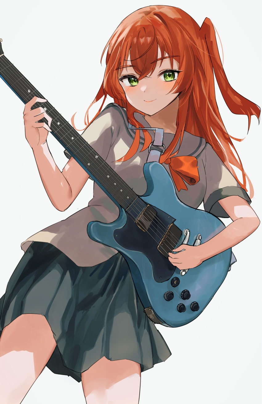 1girl absurdres black_skirt bocchi_the_rock! bow bowtie closed_mouth commentary cowboy_shot electric_guitar green_eyes grey_sailor_collar grey_shirt guitar hair_between_eyes hands_up highres holding holding_instrument instrument kita_ikuyo long_hair looking_at_viewer miniskirt music nimiru_namire one_side_up playing_instrument pleated_skirt red_bow red_bowtie red_hair sailor_collar school_uniform shirt short_sleeves shuka_high_school_uniform simple_background skirt smile solo standing white_background