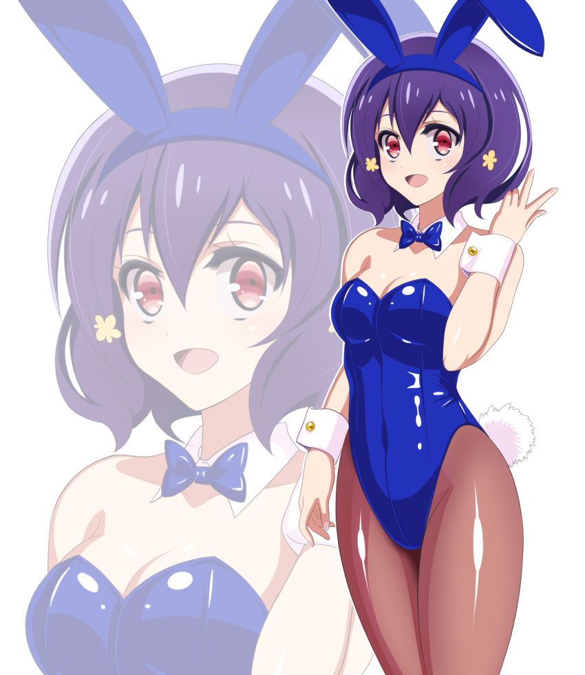 1girl animal_ears black_hair blue_bow blue_bowtie blue_leotard bow bowtie breasts brown_pantyhose cleavage cowboy_shot detached_collar hair_between_eyes heart heart_hair highres leotard long_hair medium_breasts mizuno_ai pantyhose pirochi playboy_bunny rabbit_ears rabbit_tail red_eyes short_hair solo standing strapless strapless_leotard tail v wrist_cuffs zombie_land_saga zoom_layer