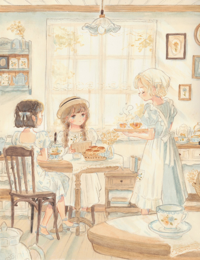 3girls apron black_hair blonde_hair blue_dress blue_eyes braid brown_hair carrie_(carriedraw) ceiling_light chair chest_of_drawers closed_eyes closed_mouth cup day dress english_commentary full_body hat head_scarf highres indoors long_hair multiple_girls original painting_(medium) painting_(object) puffy_short_sleeves puffy_sleeves sauce shelf short_hair short_sleeves sitting smile standing sunlight table tablecloth teacup teapot traditional_media twin_braids vase watercolor_(medium) white_apron white_dress window