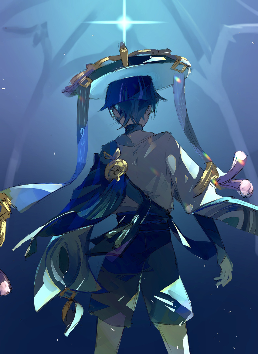 1boy absurdres blue_background blue_hair bridal_gauntlets cowboy_shot from_behind genshin_impact hat highres looking_ahead scaramouche_(genshin_impact) shirt short_hair shorts solo standing wanderer_(genshin_impact) white_shirt wide_brim zuu_(kyuudo9)