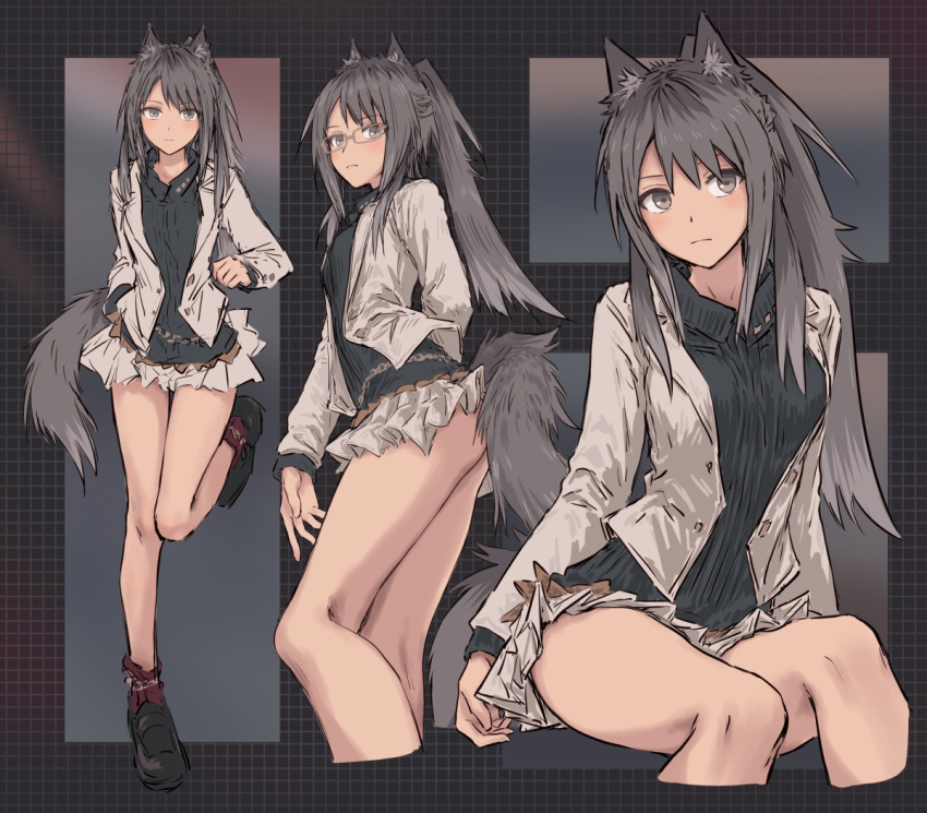 1girl animal_ears bare_legs black_footwear black_shirt blazer breasts collared_shirt commentary_request feet_out_of_frame full_body furukawa_wanosuke glasses grid_background high_ponytail jacket long_sleeves medium_breasts microskirt multiple_views open_clothes open_jacket original parted_bangs pleated_skirt ponytail ribbed_shirt shirt sidelocks sitting skirt standing standing_on_one_leg tail white_jacket white_skirt wolf_ears wolf_girl wolf_tail