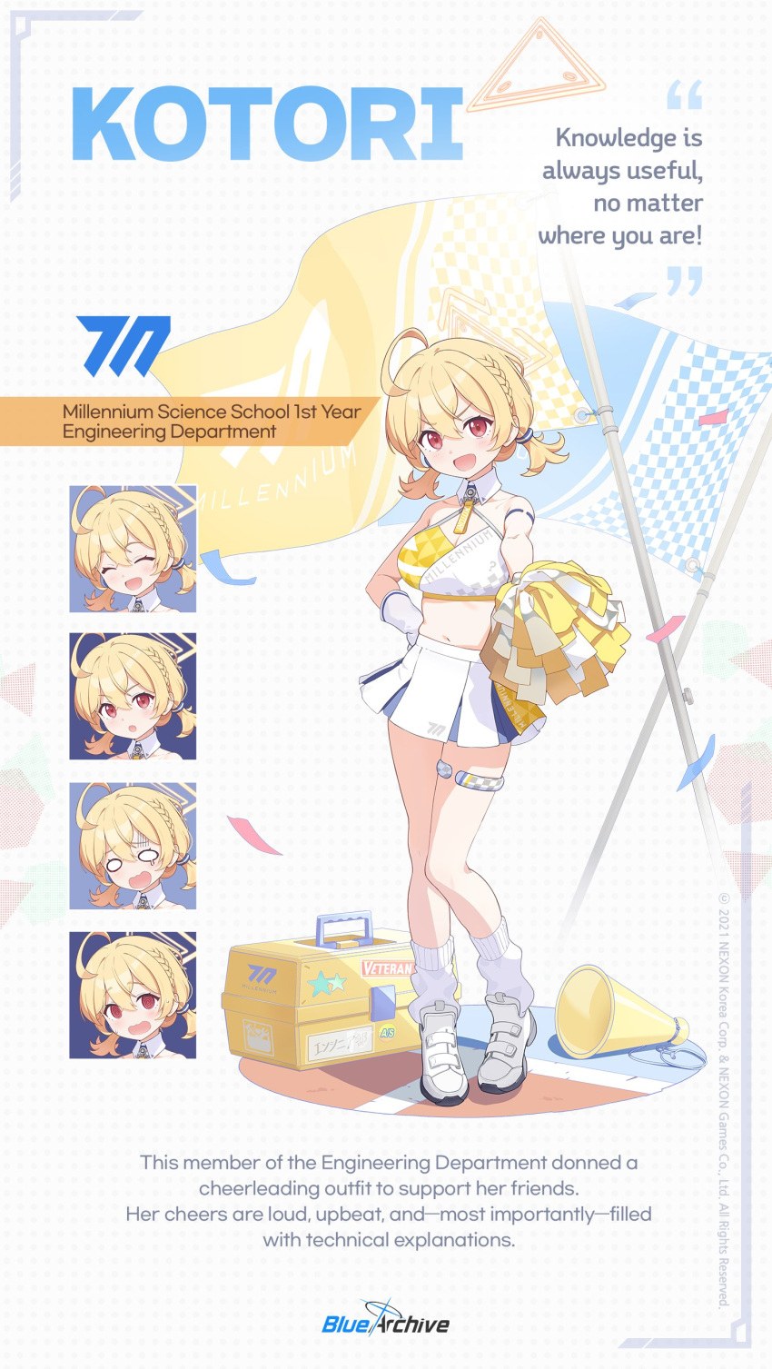 @_@ absurdres blue_archive cheerleader english_commentary english_text expressions flag halo highres holding holding_pom_poms kotori_(blue_archive) kotori_(cheer_squad)_(blue_archive) megaphone millennium_cheerleader_outfit_(blue_archive) official_alternate_costume official_art pom_pom_(cheerleading) short_twintails skirt sports_bra triangle_halo twintails two-tone_sports_bra white_skirt yellow_halo