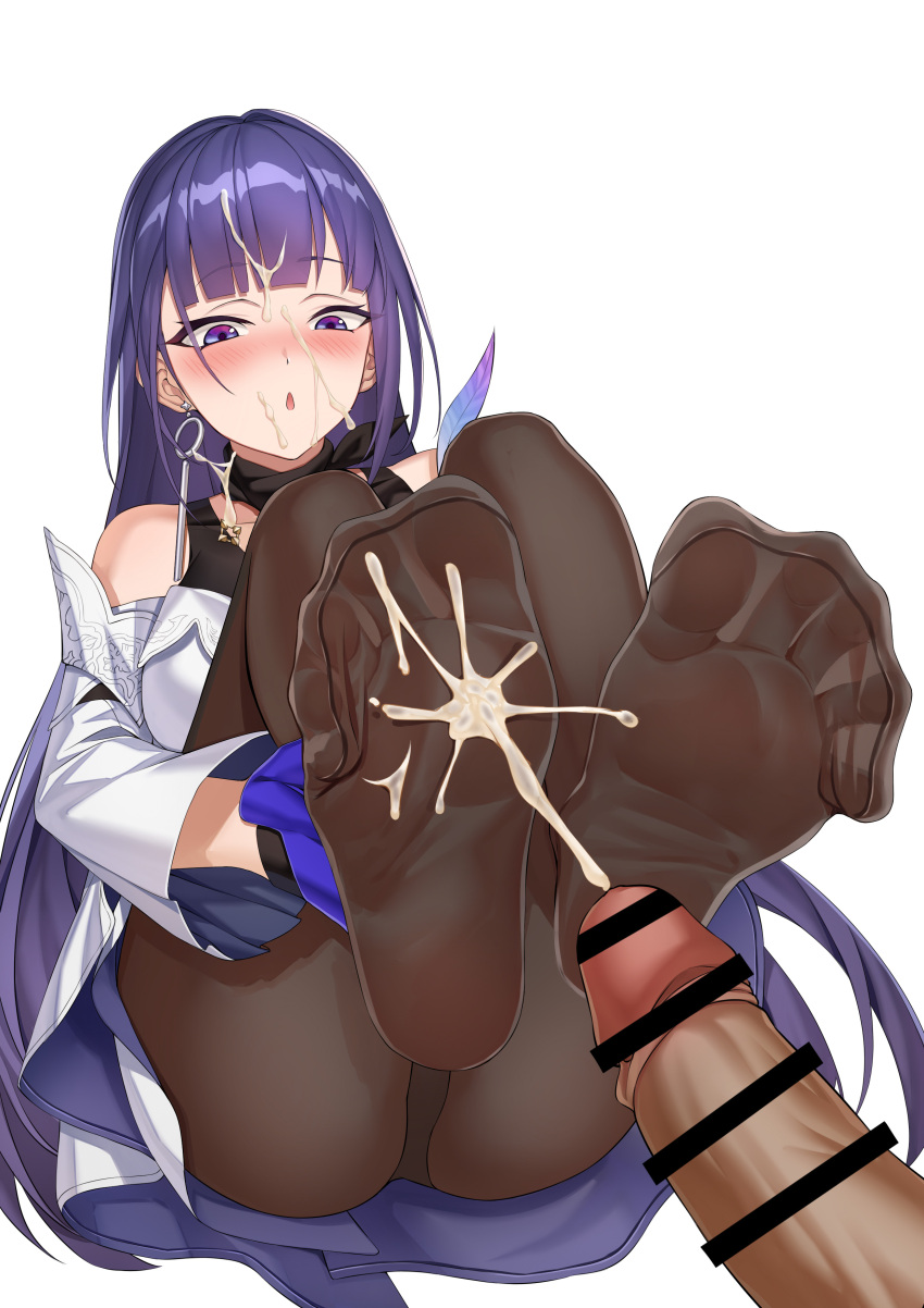 1girl absurdres black_panties blue_gloves blunt_bangs blush brown_pantyhose chinese_commentary closed_mouth clothing_cutout collarbone commentary_request cum cum_on_body cum_on_feet dress earrings eyelashes facial feet feet_up foot_focus foreshortening full_body gloves hand_on_own_leg highres honkai_(series) honkai_impact_3rd jewelry knees_up leaning_back legs long_hair looking_at_viewer no_shoes panties panties_under_pantyhose pantyhose penis purple_eyes purple_hair raiden_mei raiden_mei_(apho) short_dress shoulder_cutout sidelocks simple_background sitting soles solo spread_toes thighs toenails toes underwear white_background white_dress xo_(xo17800108)