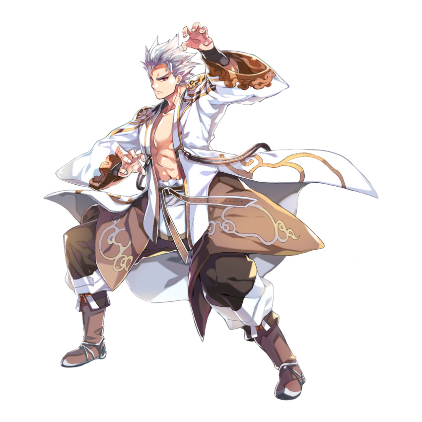 1boy belt brown_belt brown_eyes brown_footwear brown_pants claw_pose closed_mouth cloud_print fighting_stance fingernails fold-over_boots frown full_body highres leona_(pixiv) long_sleeves male_focus official_art open_clothes open_shirt pants print_shirt ragnarok_online shirt short_hair simple_background solo spiked_hair standing star_emperor_(ragnarok_online) tachi-e toned toned_male transparent_background v-shaped_eyebrows white_hair white_shirt wide_sleeves