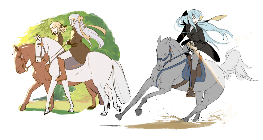 2girls anisphia_wynn_palettia black_coat black_ribbon blonde_hair blue_hair boots brown_coat brown_footwear brown_horse coat commentary_request day euphyllia_magenta grass grey_hair hair_ribbon highres horseback_riding lelioz long_hair long_sleeves medium_hair mud multiple_girls open_mouth outdoors pants purple_eyes ribbon riding simple_background tensei_oujo_to_tensai_reijou_no_mahou_kakumei white_background white_horse white_pants yellow_ribbon