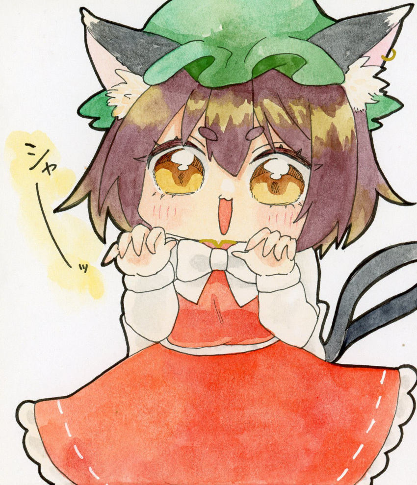 1girl :3 :d animal_ear_fluff animal_ear_piercing animal_ears blush bow bowtie brown_eyes brown_hair cat_ears cat_tail chen chibi claw_pose commentary_request dress earrings frills gao green_headwear hair_between_eyes hands_up hat highres jewelry long_sleeves mob_cap multiple_tails nekomata open_mouth pppppks red_dress short_hair simple_background single_earring smile solo tail touhou two_tails v-shaped_eyebrows white_background white_bow white_bowtie