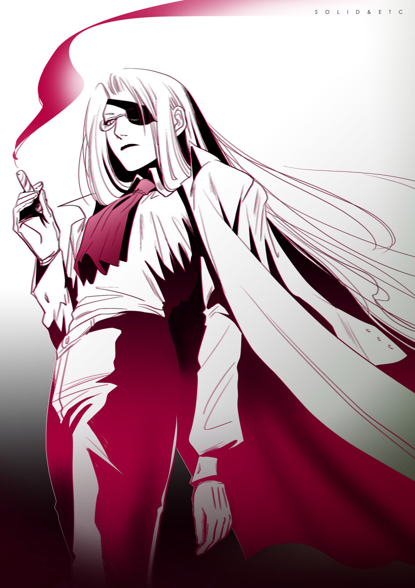 1girl artist_name ascot breasts cigar coat coat_on_shoulders eyepatch from_below frown glasses gloves hellsing highres holding holding_cigar integra_hellsing limited_palette long_hair red_ascot small_breasts smoke solo toshimichi_yukari