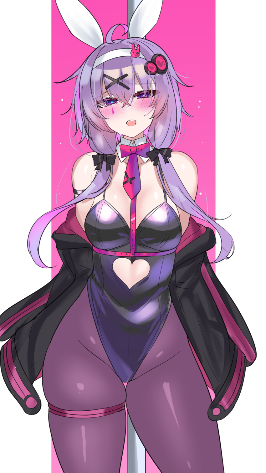 1girl absurdres animal_ears blush breasts character_request copyright_request fake_animal_ears hair_ornament heart heart-shaped_pupils highres kutan leotard medium_breasts open_mouth pantyhose playboy_bunny purple_eyes purple_hair purple_pantyhose rabbit_ears symbol-shaped_pupils