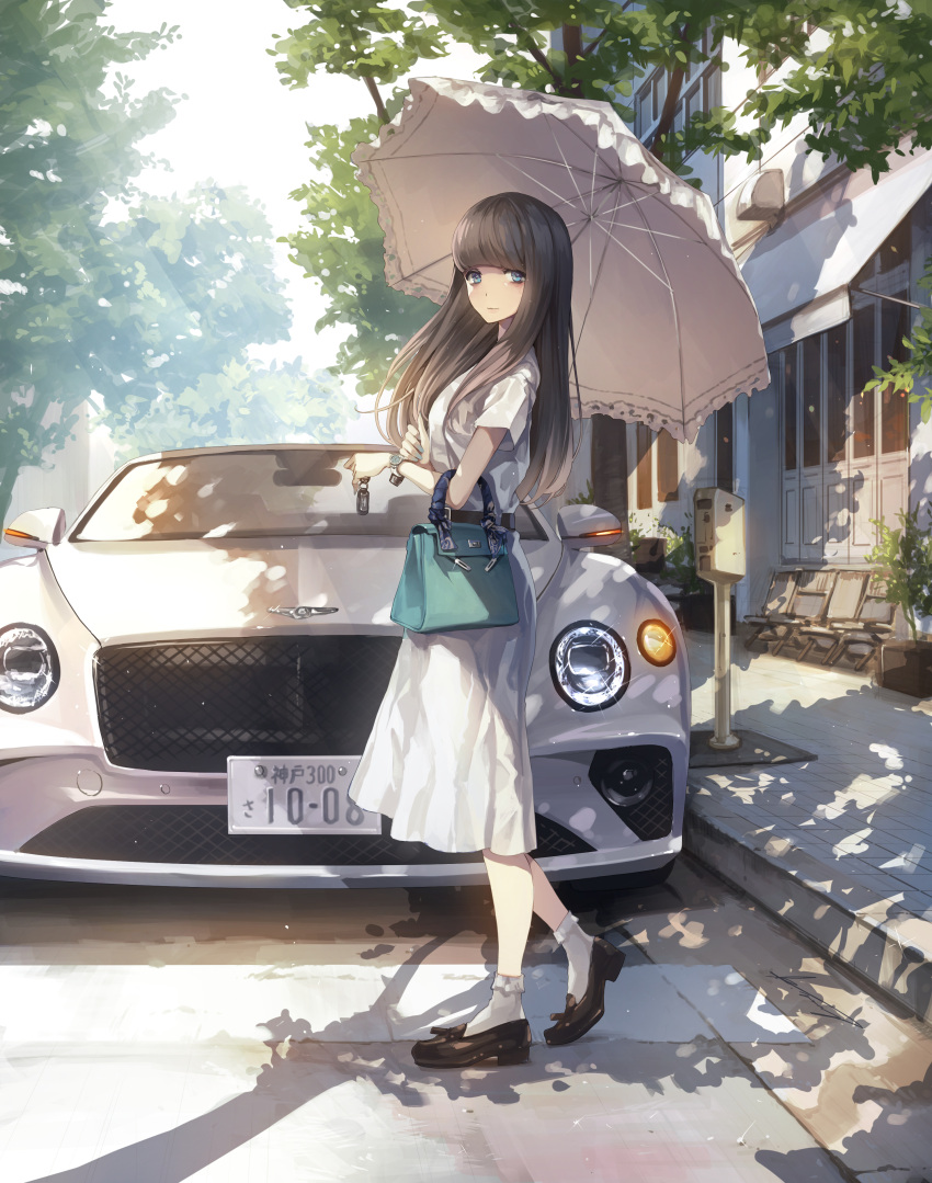 1girl absurdres aqua_nails bag bangs belt belt_buckle bentley bentley_continental_gt black_belt black_footwear blue_bag blue_eyes blunt_bangs brown_hair buckle car closed_mouth commentary day dress eyelashes frilled_legwear from_side full_body ground_vehicle handbag highres holding holding_key holding_umbrella key koh_(minagi_kou) light_rays loafers long_dress long_hair looking_at_viewer looking_to_the_side motor_vehicle nail_polish original outdoors parasol revision shadow shoes short_sleeves sidewalk signature socks standing sunbeam sunlight tree umbrella vehicle_focus watch white_dress white_legwear white_umbrella wristwatch