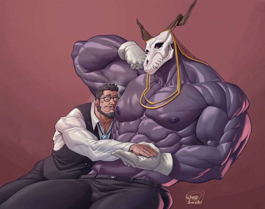 abs absurd_res beard big_muscles big_nipples big_pecs black_hair bone bottomwear canon_x_oc clothed clothing demon demon_humanoid duo elias_ainsworth eyes_closed eyewear facial_hair flexing glasses hair hand_holding head_on_chest hi_res holding_partner horn horned_humanoid hug huge_muscles human human_on_humanoid humanoid interspecies intimate larger_humanoid larger_male love_sushi male male/male mammal muscular muscular_human muscular_humanoid muscular_male mustache navel nipples pants pecs purple_body romantic romantic_couple sharp_teeth sideburns signature size_difference skull skull_head smaller_human smaller_male teeth the_ancient_magus_bride topless topless_male