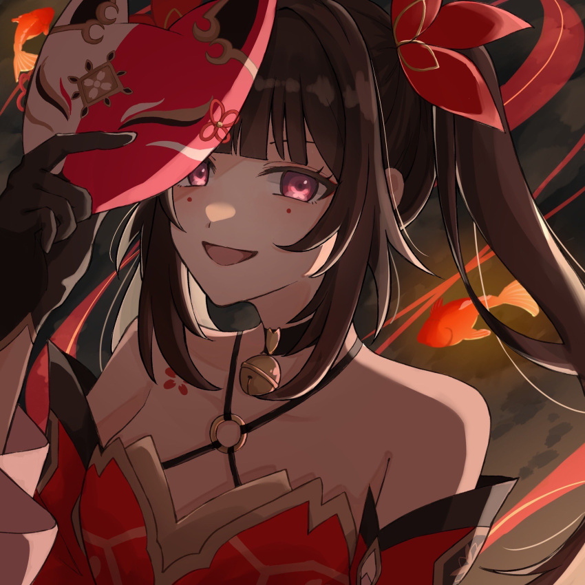 1girl :d bare_shoulders bell black_choker black_gloves blush bow brown_hair choker criss-cross_halter detached_sleeves dress fish fox_mask gloves hair_bow halterneck hand_up highres holding holding_mask honkai:_star_rail honkai_(series) long_hair looking_at_viewer mask neck_bell o-ring open_mouth pink_eyes portrait red_bow red_dress red_sleeves short_sleeves sidelocks sleeveless sleeveless_dress smile solo sparkle_(honkai:_star_rail) sumi_(sr_anm08) twintails