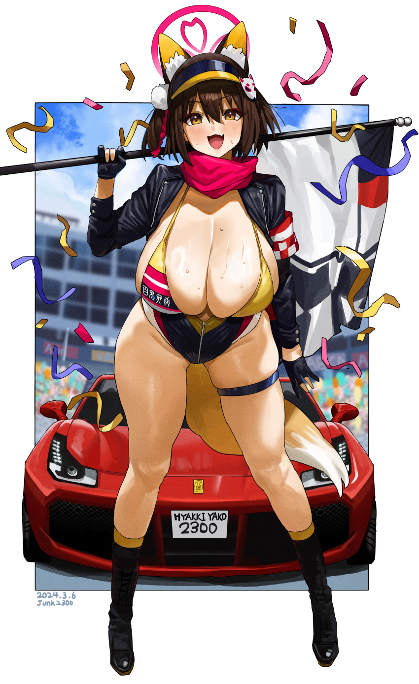 1girl :d absurdres alternate_breast_size alternate_costume animal_ears bikini black_footwear blue_archive blush boots breasts brown_eyes brown_hair car cleavage commentary_request dated feipin_zhanshi flag fox_ears fox_girl fox_hair_ornament fox_tail full_body highres holding holding_flag huge_breasts izuna_(blue_archive) knee_boots looking_at_viewer motor_vehicle open_mouth red_scarf scarf short_hair skindentation smile solo sports_car standing swimsuit tail thick_thighs thigh_strap thighs yellow_bikini