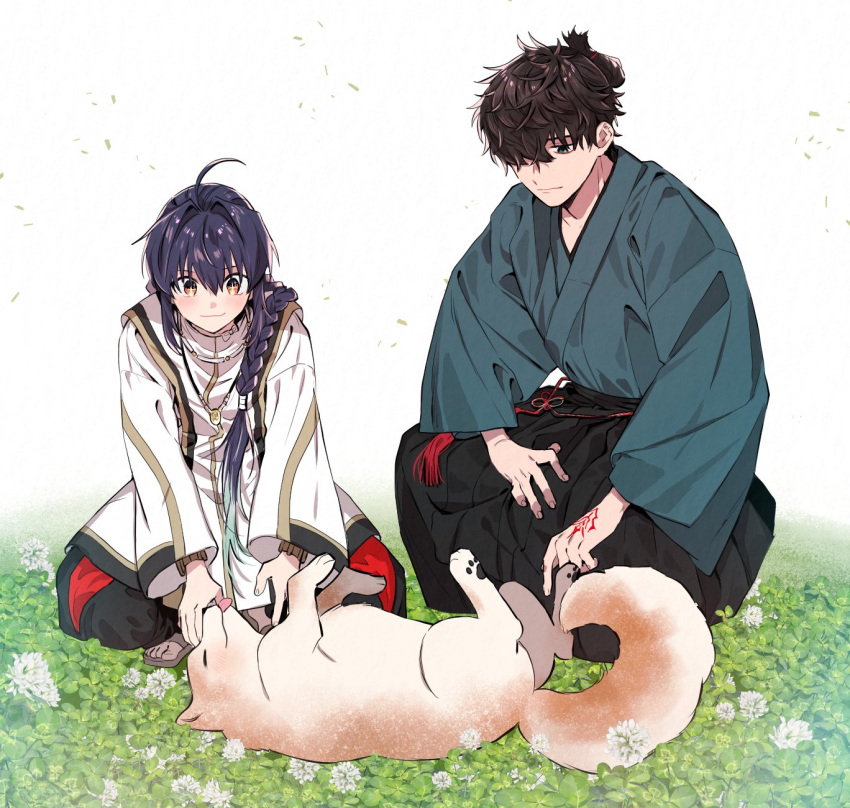 1boy 1other ahoge amulet androgynous animal black_hakama blue_kimono bracelet braid braided_ponytail clover command_spell dog dog_tail fate/samurai_remnant fate_(series) flower hair_intakes hair_over_one_eye hakama highres japanese_clothes jewelry kimono miyamoto_iori_(fate) necklace petting sandals sidelocks single_braid smile sparkling_eyes squatting tail tongue tongue_out topknot wani_(mezo) white_background white_flower yamato_takeru_(fate) yellow_eyes