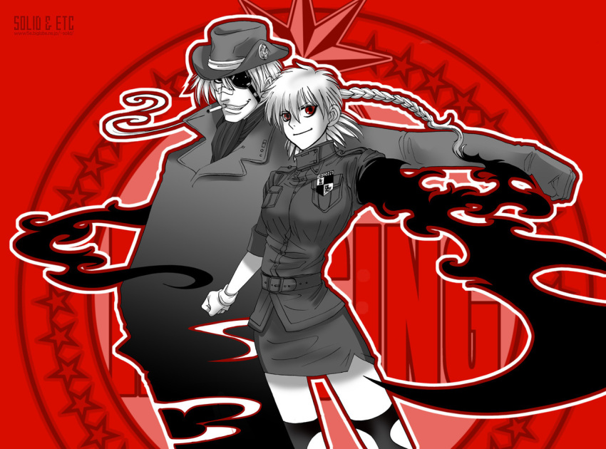 1boy 1girl amputee artist_name bandaid bandaid_on_face bandaid_on_nose braid breasts cigarette clenched_hand coat eyepatch greyscale_with_colored_background grin hand_in_pocket hat hellsing large_breasts long_hair medium_hair miniskirt outstretched_arm pip_bernardotte seras_victoria single_braid skirt smile smoking spot_color toshimichi_yukari web_address