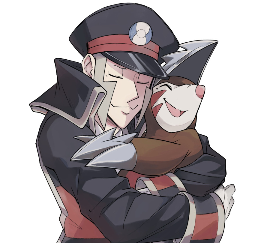 1boy affectionate black_coat black_headwear closed_eyes closed_mouth coat excadrill happy hat high_collar highres holding holding_pokemon hug ingo_(pokemon) long_sleeves male_focus pokemon pokemon_(creature) pokemon_bw rei_(esprei96) simple_background smile striped_coat trench_coat upper_body white_background