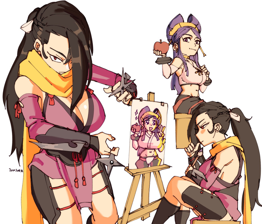2girls 3amsoda apple artist_name bare_shoulders breasts brown_hair cleavage closed_mouth crop_top detached_sleeves fire_emblem fire_emblem_fates food fruit hair_over_one_eye highres holding holding_food holding_fruit holding_paintbrush holding_shuriken holding_weapon japanese_clothes kagero_(fire_emblem) large_breasts long_hair looking_at_viewer midriff modeling multiple_girls multiple_views navel ninja orochi_(fire_emblem) paintbrush painting_(object) picture_frame ponytail purple_eyes purple_hair red_eyes scarf shuriken sitting smile thighhighs v weapon white_background yellow_scarf