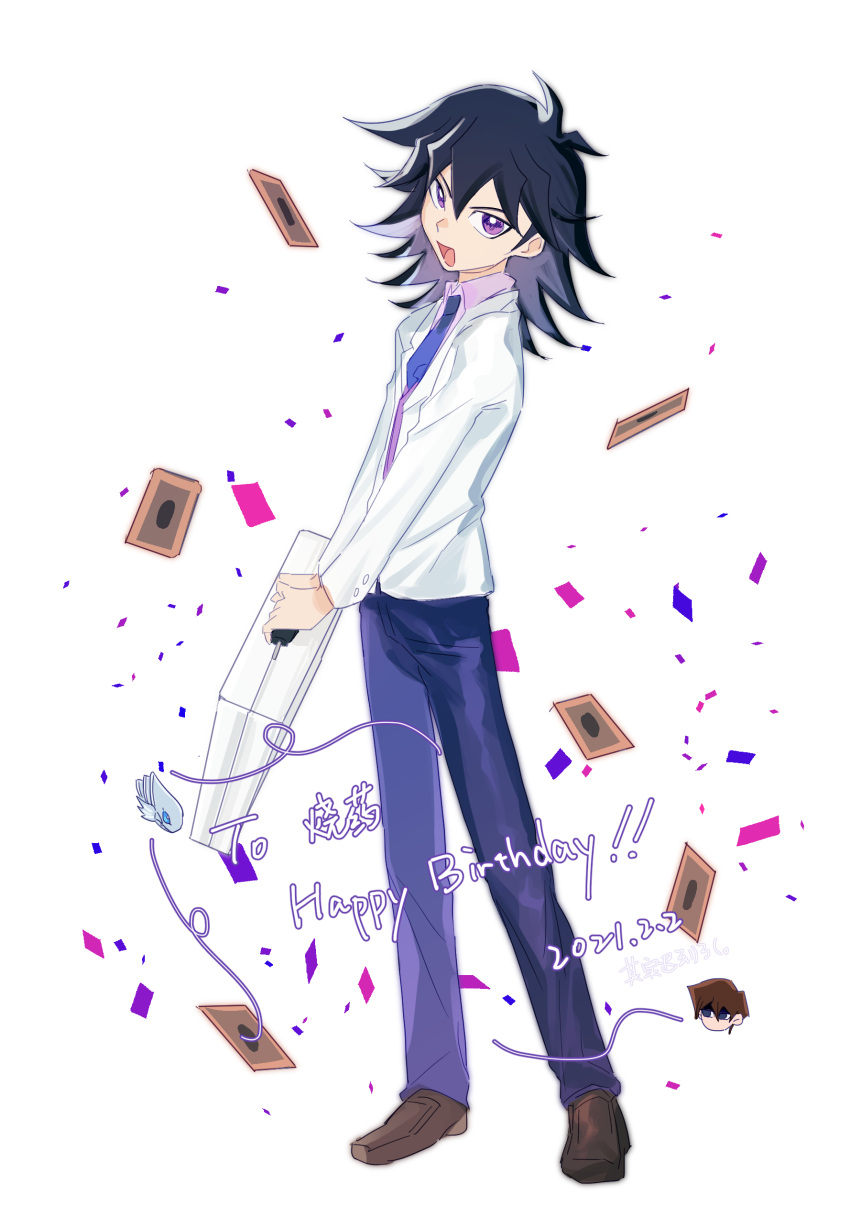 1boy absurdres black_hair blue-eyes_white_dragon blue_necktie blue_pants card confetti dated duel_disk full_body happy_birthday highres holding jacket kaiba_seto kd_(jichaman1) long_sleeves male_focus manjoume_jun necktie open_mouth pants pink_shirt playing_card purple_eyes shirt solo standing translation_request white_background white_jacket yu-gi-oh! yu-gi-oh!_gx