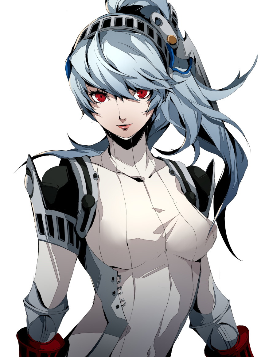 1girl absurdres android arms_at_sides blue_hair breasts closed_mouth hair_between_eyes high_ponytail highres joints labrys_(persona) long_hair looking_at_viewer medium_breasts persona persona_4 persona_4:_the_ultimate_in_mayonaka_arena pertex_777 ponytail red_eyes robot_joints simple_background smile solo straight-on upper_body white_background