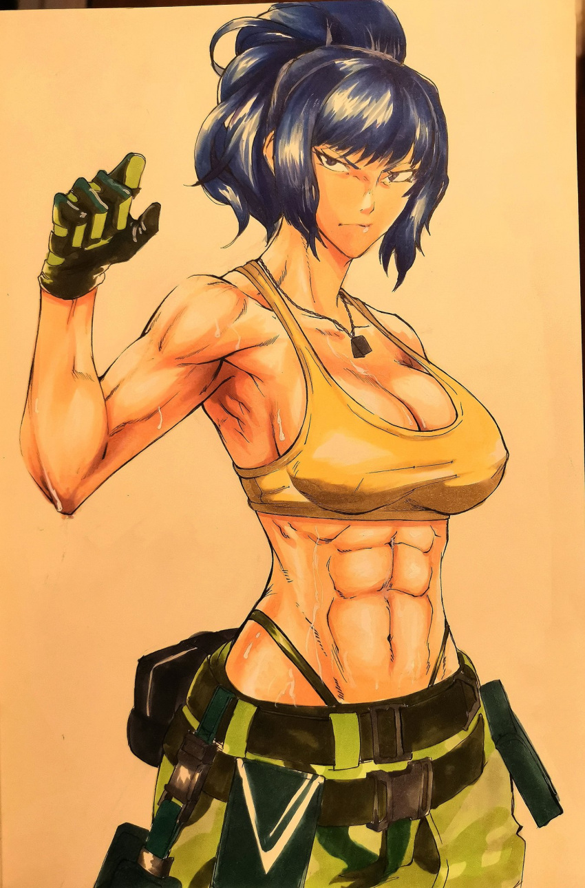 1girl abs arm_up bare_shoulders black_gloves blue_eyes blue_hair breasts camouflage camouflage_pants cleavage collarbone covered_nipples crop_top dog_tags frown gloves highres jewelry large_breasts leona_heidern looking_at_viewer muscular muscular_female navel necklace octavius_(octavius_dp) pants ponytail sketch soldier solo stomach sweat tank_top the_king_of_fighters the_king_of_fighters_xv yellow_tank_top