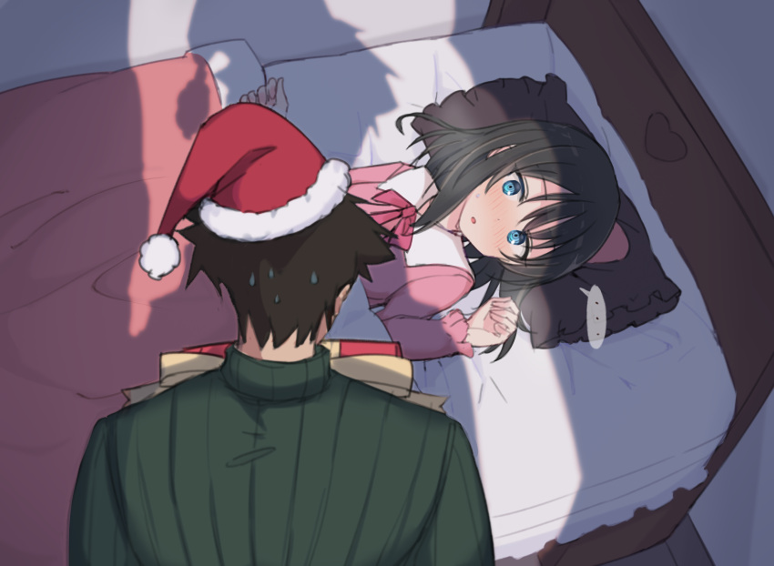 ... 1boy 1girl bed black_hair blue_eyes blush bow box collared_shirt commentary frilled_pillow frills from_behind fur-trimmed_headwear fur_trim gift gift_box green_sweater hat highres indoors layla_(mino) long_hair long_sleeves looking_at_another lying nonono_(mino) on_back on_bed open_mouth original pajamas parted_lips pillow pink_bow pink_shirt red_headwear ribbed_sweater ringed_eyes santa_hat shirt spoken_ellipsis sweat sweatdrop sweater symbol-only_commentary turtleneck turtleneck_sweater under_covers upper_body