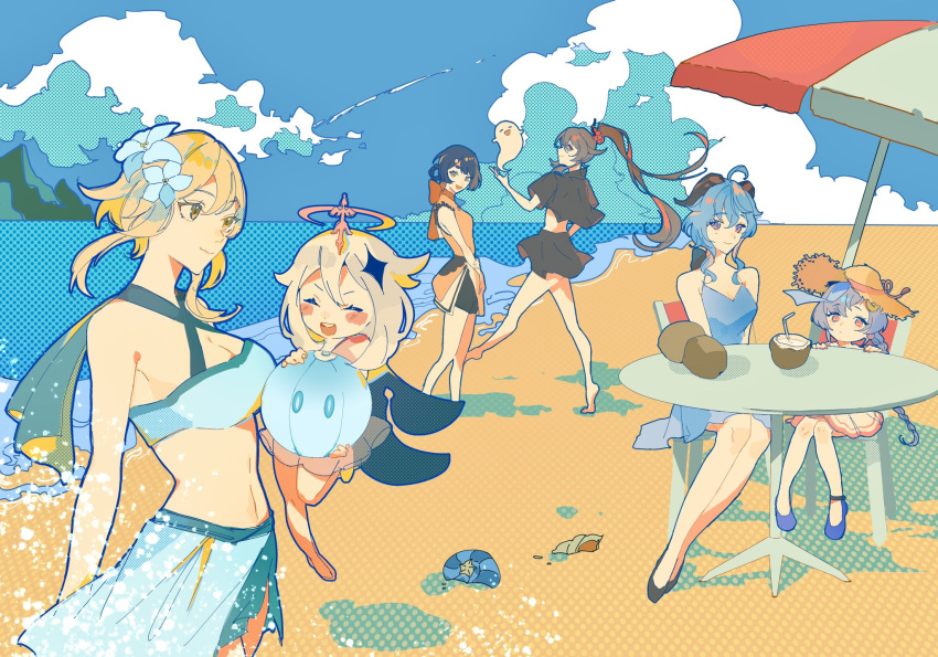 6+girls bare_legs beach beach_umbrella bikini bikini_skirt black_hair black_skirt blonde_hair blue_hair blue_sky blush boo_tao_(genshin_impact) brown_hair chair child closed_eyes closed_mouth cloud coconut coconut_cup criss-cross_halter floating flower ganyu_(genshin_impact) genshin_impact hair_flower hair_ornament halterneck hat high_ponytail highres holding horns hu_tao_(genshin_impact) long_hair lumine_(genshin_impact) miniskirt multiple_girls ocean open_mouth outdoors paimon_(genshin_impact) qiqi_(genshin_impact) red_hair sand sitting skirt sky standing standing_on_one_leg straw_hat swimsuit table teeth umbrella upper_teeth_only white_bikini white_hair yellow_eyes yoimiya_(genshin_impact) zuu_(kyuudo9)