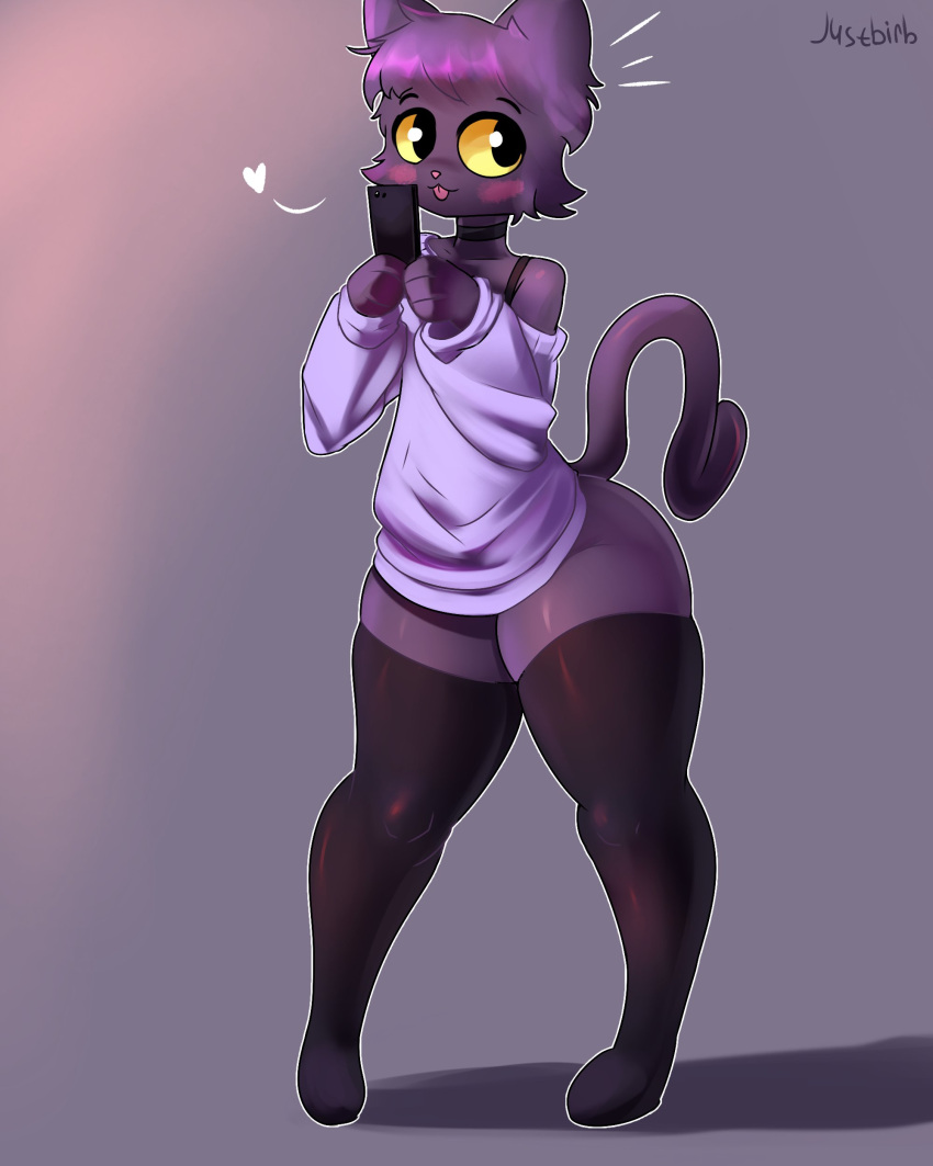 absurd_res anthro artist_name big_pupils black_body black_clothing black_collar black_fur black_legwear black_thigh_highs blep blush bottomless bra_strap clothed clothing collar digital_media_(artwork) domestic_cat electronics felid feline felis full-length_portrait fur girly gradient_background grey_background hair heart_reaction hi_res holding_object holding_phone justbirb legwear looking_at_viewer male mammal moon_(metsubo) phone pink_nose pink_tongue portrait pupils purple_hair selfie simple_background solo sweater tail thick_thighs thigh_highs tongue tongue_out topwear white_clothing white_sweater white_topwear wide_hips yellow_sclera