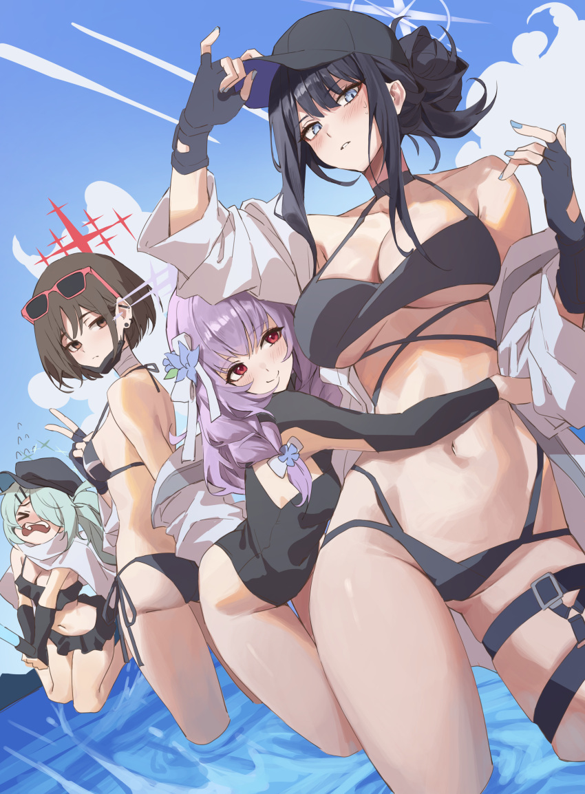 &gt;_&lt; 4girls absurdres adjusting_clothes adjusting_headwear alternate_costume alternate_hairstyle aqua_hair arius_squad_(blue_archive) atsuko_(blue_archive) bare_shoulders baseball_cap bikini black_bikini black_gloves black_hair black_headwear blue_archive blue_eyes blue_halo blue_nails blue_sky bow breasts brown_hair cleavage coat commentary_request eyewear_on_head fingerless_gloves fingernails from_behind gloves hair_ornament hair_over_one_eye halo halterneck hat highres hiyori_(blue_archive) hug korean_commentary large_breasts long_hair looking_at_viewer midriff misaki_(blue_archive) multiple_girls nail_polish netural no_mask off_shoulder open_mouth outdoors ponytail purple_hair red-framed_eyewear red_eyes red_halo saori_(blue_archive) short_hair sidelocks sky smile swimsuit v wading white_coat