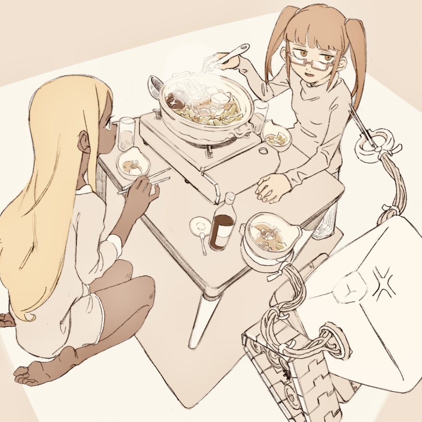 2girls alternate_costume anger_vein barefoot blonde_hair bowl brown_eyes brown_hair brown_theme chopsticks cup dark-skinned_female dark_skin drinking_glass eating from_above glasses half-closed_eyes highres holding holding_chopsticks holding_ladle idolmaster idolmaster_cinderella_girls ikebukuro_akiha imay3927 ladle layla_(idolmaster) long_sleeves looking_at_another multiple_girls nabe open_mouth pants profile robot short_shorts shorts sidelocks sitting soy_sauce_bottle steam table turtleneck_shirt twintails wariza