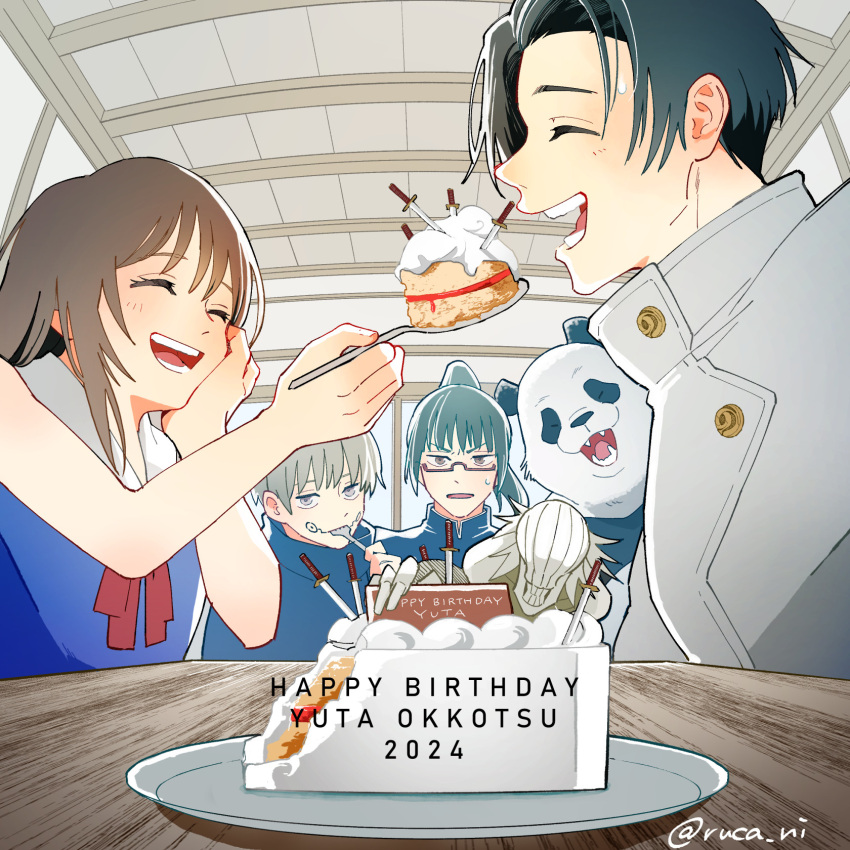 2boys 2girls animal birthday_cake black_eyes black_hair blue_dress blunt_bangs brown_hair cake cake_slice closed_eyes dress english_text facial_tattoo food fork glasses grey_hair happy_birthday high_ponytail highres holding holding_fork holding_spoon indoors inumaki_toge jacket jujutsu_kaisen jujutsu_tech_uniform long_hair multiple_boys multiple_girls okkotsu_yuuta open_mouth orimoto_rika panda panda_(jujutsu_kaisen) plate profile purple_eyes ruca_ni short_hair sleeveless sleeveless_dress smile spoon sweatdrop table tattoo zen'in_maki