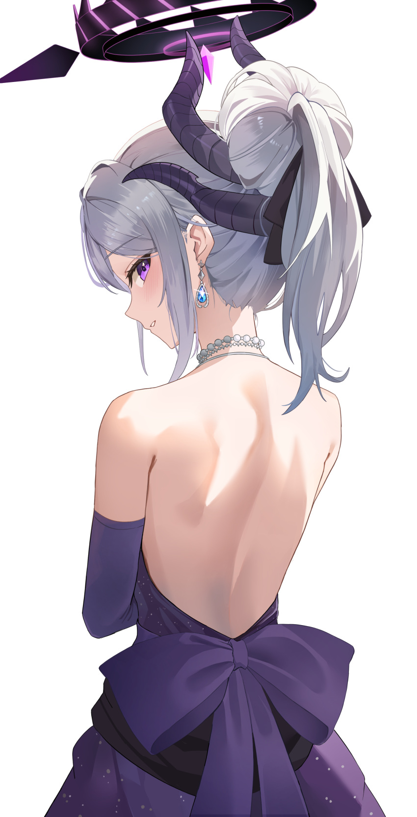 1girl :d absurdres back back_focus backless_dress backless_outfit bare_shoulders blue_archive blush commentary cowboy_shot dangle_earrings dress earrings elbow_gloves from_behind gloves grin hair_between_eyes hair_bun halo high_ponytail highres hina_(blue_archive) hina_(dress)_(blue_archive) horns jbell jewelry long_hair looking_at_viewer looking_back median_furrow necklace official_alternate_costume parted_lips profile purple_dress purple_eyes purple_gloves sidelocks sideways_glance simple_background smile solo teeth white_background