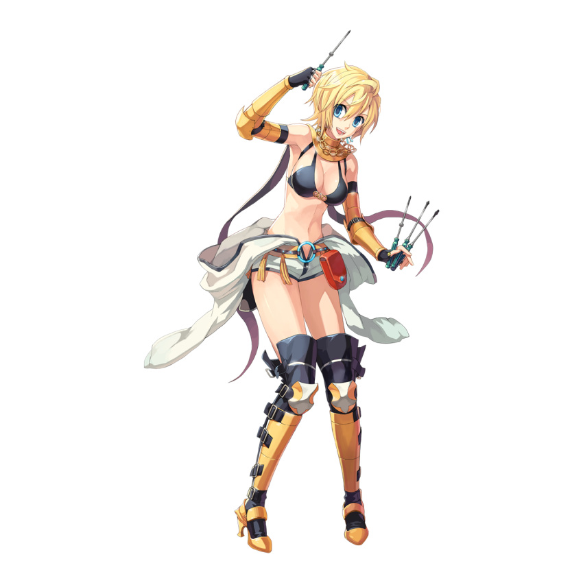 1girl armor armored_boots bikini bikini_top_only black_bikini black_gloves black_thighhighs blonde_hair blue_eyes boots breasts chain cleavage elbow_gloves full_body gloves hair_between_eyes highres holding holding_screwdriver jewelry jumpsuit jumpsuit_around_waist leona_(pixiv) long_bangs looking_at_viewer mechanic_(ragnarok_online) medium_breasts navel necklace o-ring o-ring_top official_art open_mouth ragnarok_online screwdriver short_hair simple_background smile solo standing swimsuit tachi-e thighhighs transparent_background vambraces white_jumpsuit yellow_armor