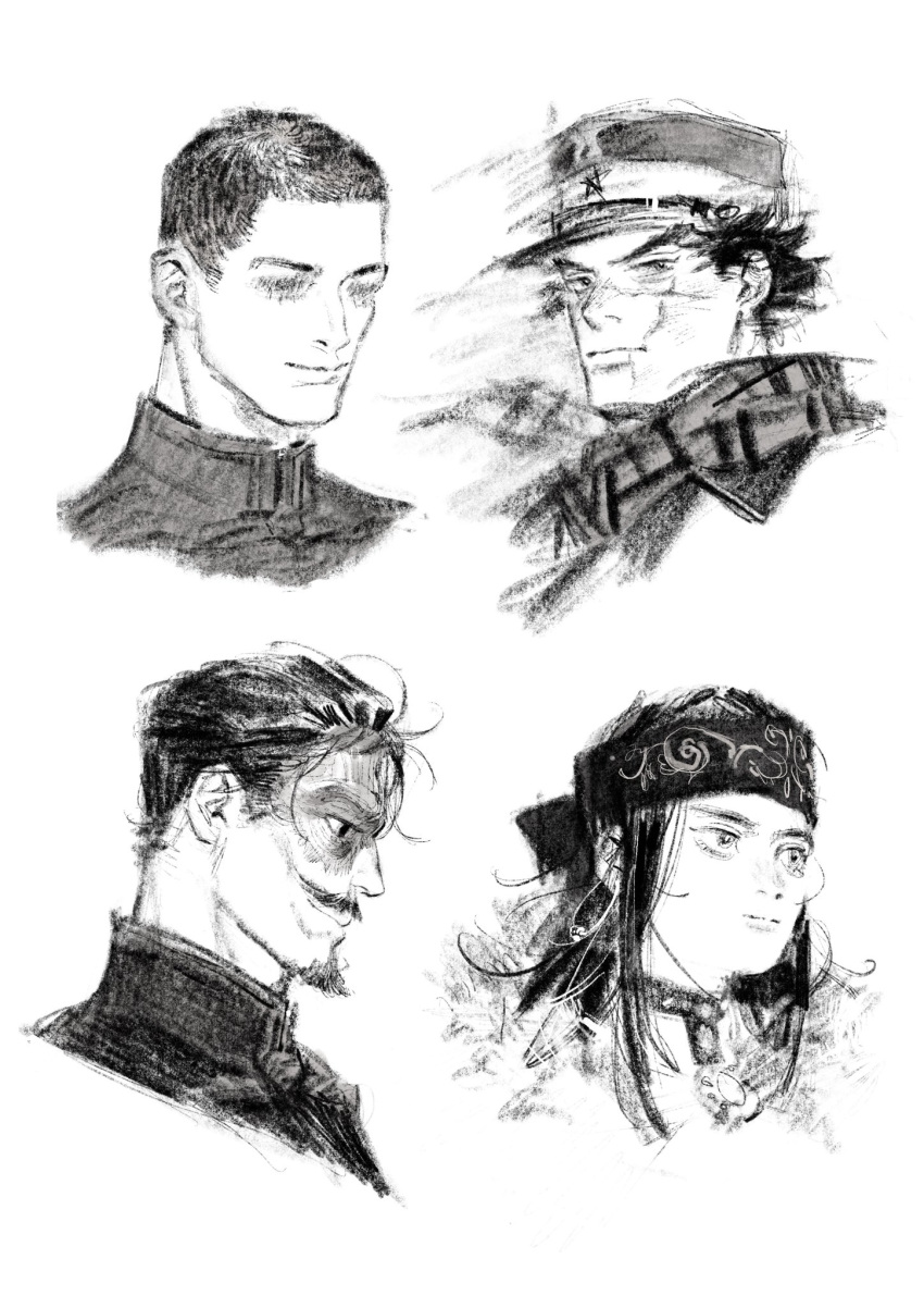 1girl 3boys asirpa character_request chengongzi123 closed_mouth earrings facial_hair goatee golden_kamuy greyscale hat headband highres hoop_earrings jewelry long_hair looking_at_viewer looking_to_the_side military_hat monochrome multiple_boys mustache plaid plaid_scarf portrait scar scar_on_face scarf short_hair simple_background smile sugimoto_saichi tsurumi_tokushirou very_short_hair white_background